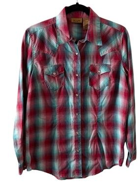 Wrangler Pearl Snap Plaid Size M Long Sleeve Wrancher Shirt Cowgirl Western